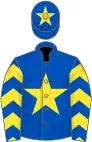 Royal blue, yellow star, chevrons on sleeves, royal blue cap, yellow star