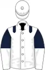 White, dark blue epaulets, dark blue and white halved sleeves