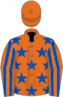 Orange, royal blue stars, striped sleeves, orange cap