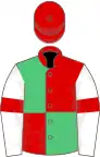 Red and emerald green (quartered), white sleeves, red armlets, red cap
