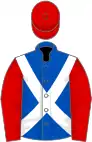Royal blue, white cross-belts, red sleeves and cap