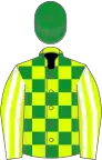 Chartreuse and green checks, chartreuse and white striped sleeves, green cap