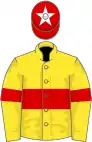 Yellow, red hoop and armlets, red cap, white star