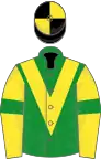 Green, yellow chevron, yellow sleeves, green armlets, black and yellow quartered cap