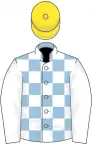 Light Blue and White check, White sleeves, Yellow cap