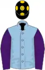 Light blue, purple sleeves, black cap, gold spots