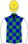 Green and blue checked, white sleeves, yellow cap