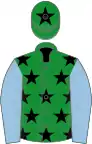 Green, black stars, light blue sleeves, green cap, black star