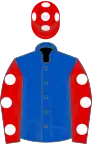 Royal blue, red sleeves, white spots, red cap, white spots