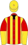 Red, yellow stripes, halved sleeves, yellow cap