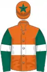 Orange, white hoop, dark green sleeves, white armlets, orange cap, dark green star