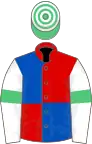 Red and royal blue (quartered), white sleeves, emerald green armlets, emerald green and white hooped cap