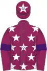 Pink, white stars, pink sleeves, purple armlets, pink cap, white star