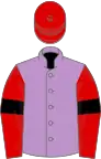 Mauve, red sleeves, black armlets, red cap
