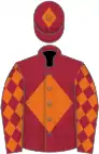 Maroon, orange diamond, diamonds on sleeves, maroon cap, orange diamond
