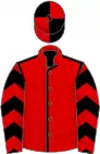 Red, black seams, black and beige chevrons on sleeves, black and red quartered cap