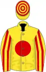 Yellow, red disc, striped sleeves, hooped cap U