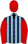 Dark blue and light blue stripes, red sleeves and cap
