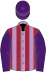 Mauve and maroon stripes, purple sleeves and cap