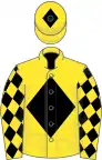 Yellow, black diamond, diamonds on sleeves, yellow cap, black diamond