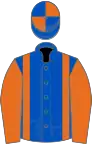 Royal blue, orange braces and sleeves, quartered cap
