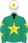 Emerald green, yellow star, yellow stars on sleeves, white cap, yellow star