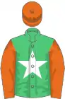 Emerald green white star, orange sleeves and cap