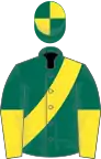 Dark green, yellow sash, halved sleeves, quartered cap