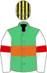 Emerald green, orange hoop, white sleeves, red armlet, dark blue and yellow striped cap