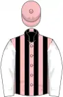 Pink and black stripes, white sleeves, pink cap