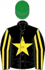 Black, yellow star, striped sleeves, green cap
