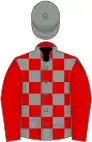 Red and grey check, red sleeves, grey cap