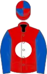 Red, white disc, royal blue sleeves, red and royal blue quartered cap
