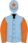 Light blue, orange sleeves and star on cap