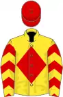 Yellow, red diamond, chevrons on sleeves, red cap