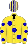 Yellow, large blue spots, spots on sleeves, striped cap