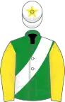 Green, white sash, yellow sleeves, white cap, yellow star