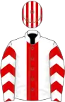 White, red stripe and chevrons on sleeves, striped cap
