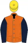 Orange, dark blue sleeves, yellow cap