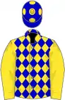 Yellow, blue diamonds on body, blue cap, yellow spots