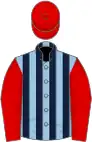 Light blue and black stripes, red sleeves and cap