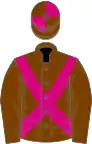 Chocolate, cerise cross-belts, quartered cap