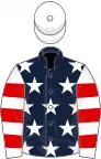 Dark blue, white stars, white and red hooped sleeves, white cap