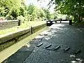 Isis Lock, looking towards the river. The raised bricks facilitate the opening of the lock gate in wet weather.