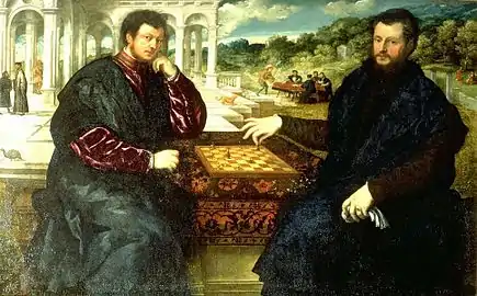 Image 27Paris Bordone, c. 1545, Chess players, oil on canvas, Mailand, Wohnhaus (from Chess in the arts)