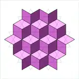 The rhombille tiling overlaid on its dual, the trihexagonal tiling.