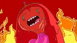 A bubblegum humanoid female is standing in front of tall flames. Due to the heat, she is beginning to melt.