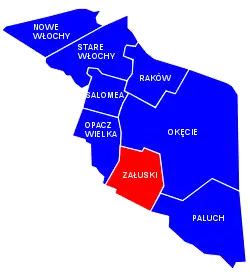 Location of Załuski within the district of Włochy, in accordance to the Municipal Information System.