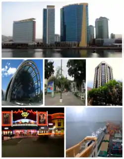 Top to bottom (left to right): Skyline of Port of Spain International Waterfront Centre from Gulf of Paria; National Academy for the Performing Arts, Independence Square, Eric Williams Plaza; MovieTowne, Port of Port of Spain