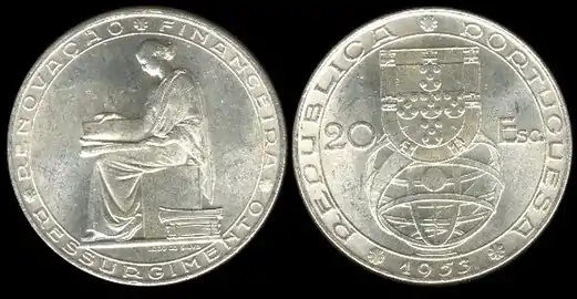 1953 20 escudos coin.